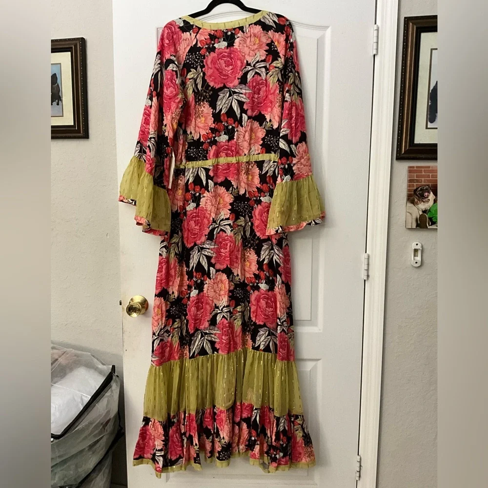 Aratta Silent Journey Black Maxi Dress with Pink Floral and Olive Trim maxi Sz - Picture 3 of 5